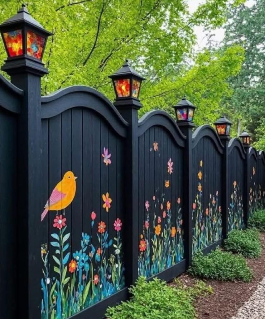 Black fence with bird and flower mural art
