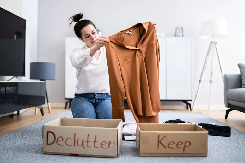 Woman sorting clothes for decluttering, organizing items into boxes labeled ‘Declutter’ and ‘Keep’.