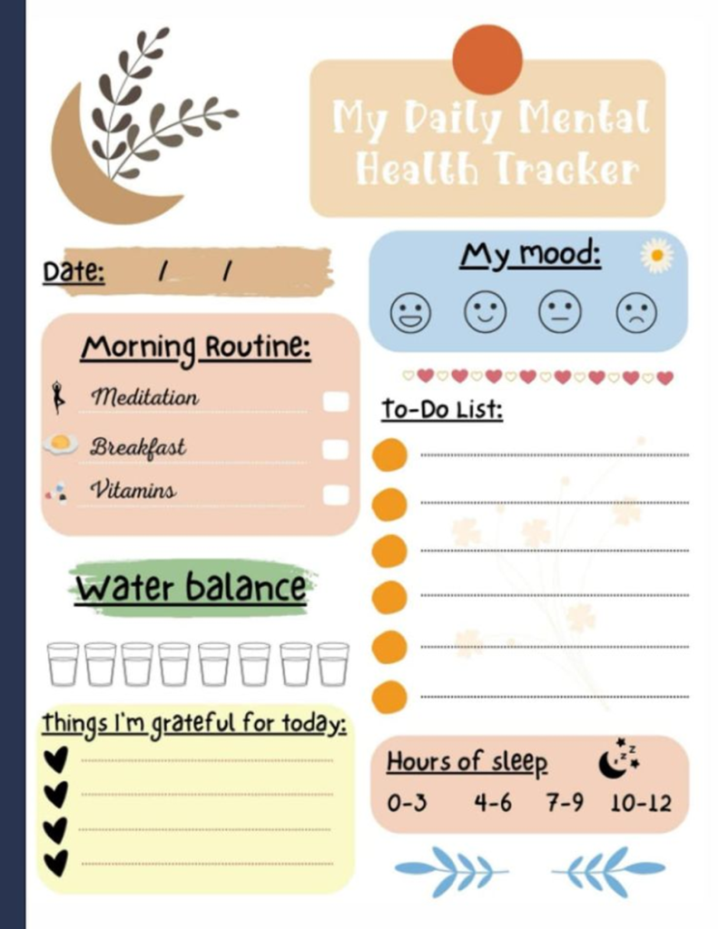 Illustrated daily mental health tracker with mood ratings, morning routine checklist, hydration log, and gratitude notes.