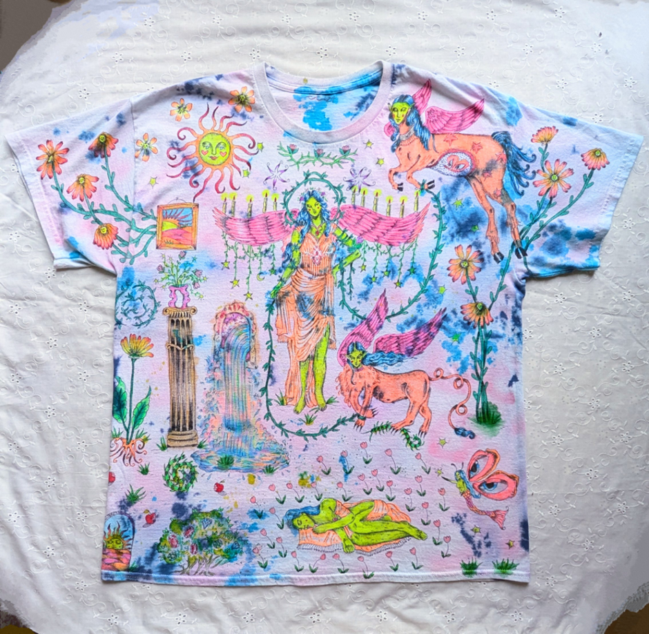 Hand-painted upcycled T-shirt with whimsical fantasy artwork.