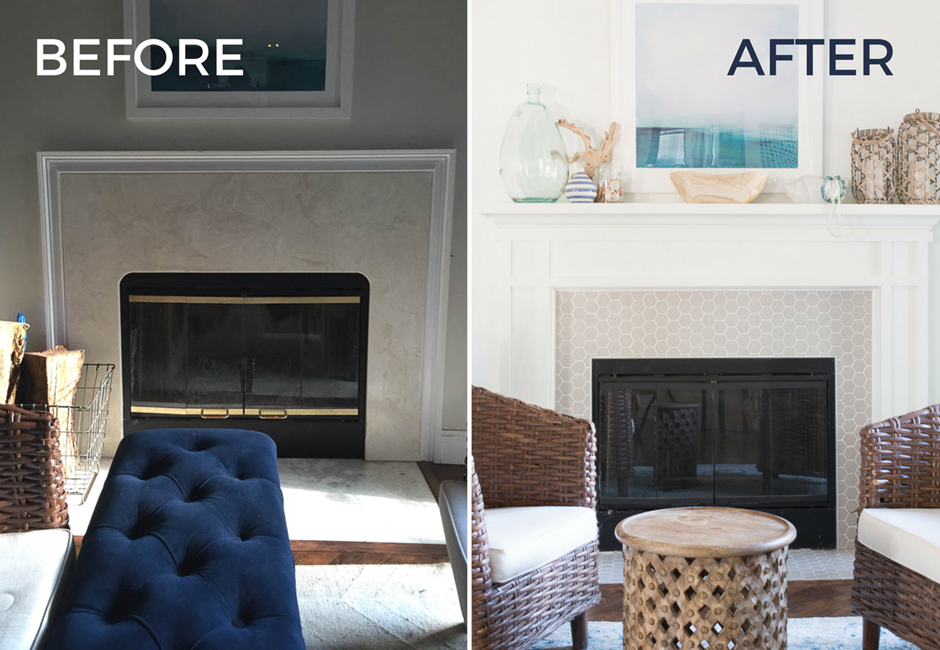 Fireplace before and after budget makeover showing updated tile and seasonal décor