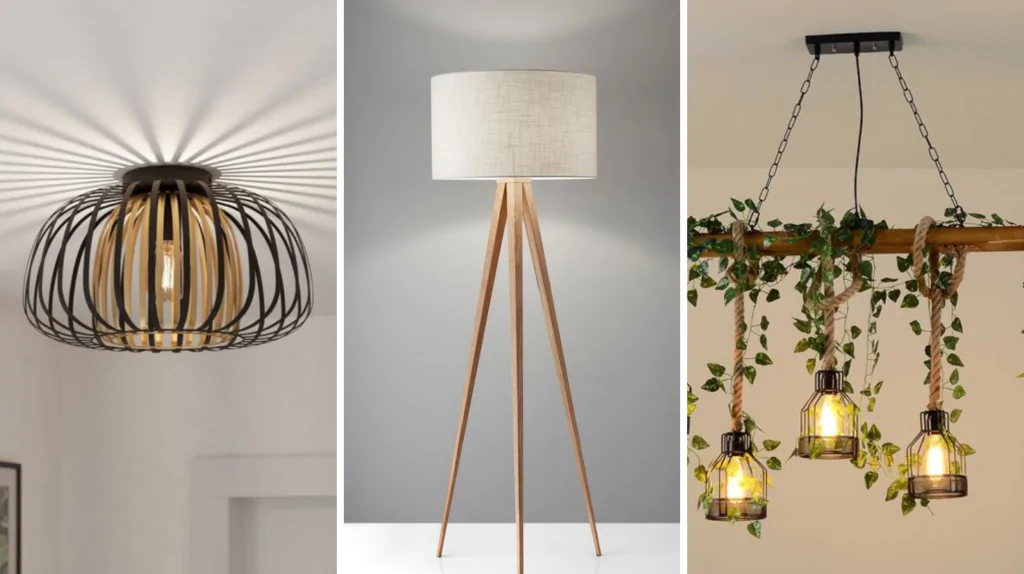 DIY lighting ideas featuring modern ceiling lamp tripod floor lamp and hanging pendant lights