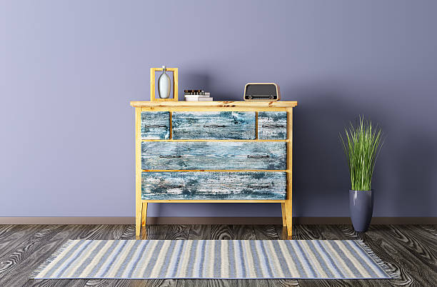 Interior of a living room with repurposed vintage chest of drawers
