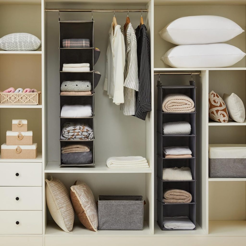 Vertical Hanging Closet Organizers (L) in an organized closet.