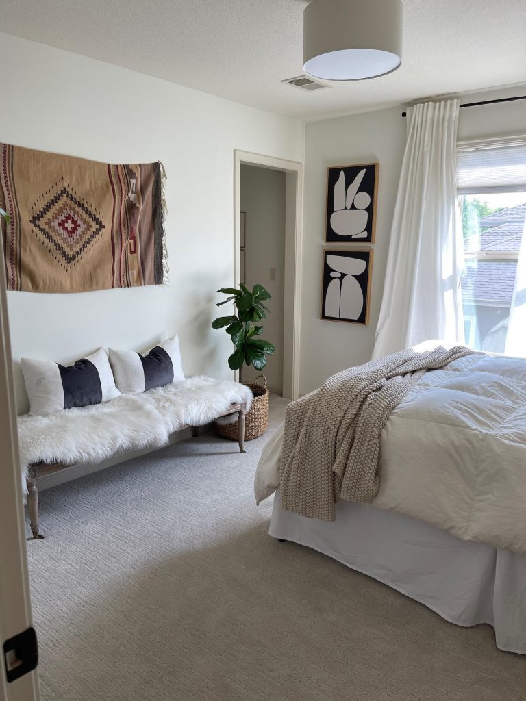 Neutral-toned bedroom with white carpet and modern decor accents