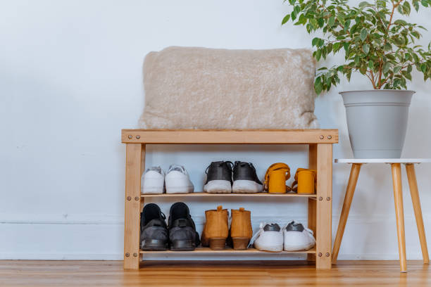 Organized shoe collection on multi-level wooden shelves.