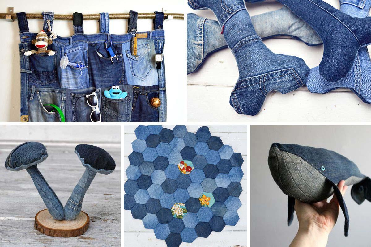 Collage of creative crafts made from old jeans, including toys, wall organizer, and patchwork.