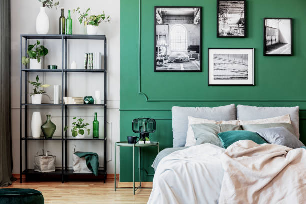 Modern green-themed bedroom with wall art and open shelving.