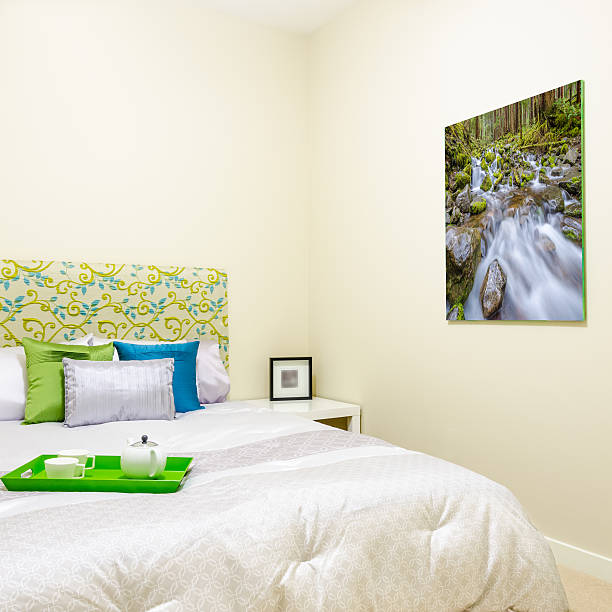 Colorful small bedroom with nature-themed wall art and tray on bed