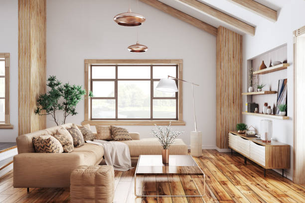 Cozy living room with natural wood elements and modern decor