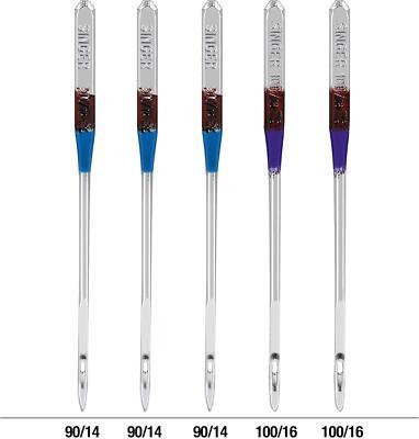 A set of heavy-duty sewing needles designed for stitching denim fabric, labeled with sizes.