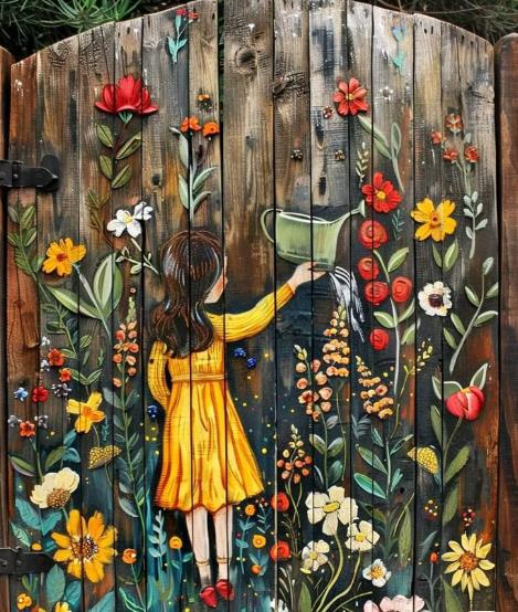 Wooden gate with mural of girl watering flowers