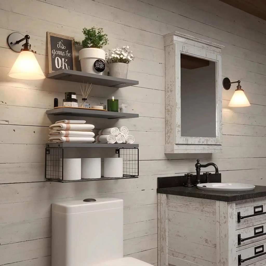 Rustic bathroom shelves with towels and decor