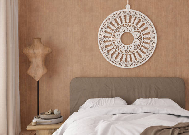 Boho-style bedroom with round mandala wall hanging