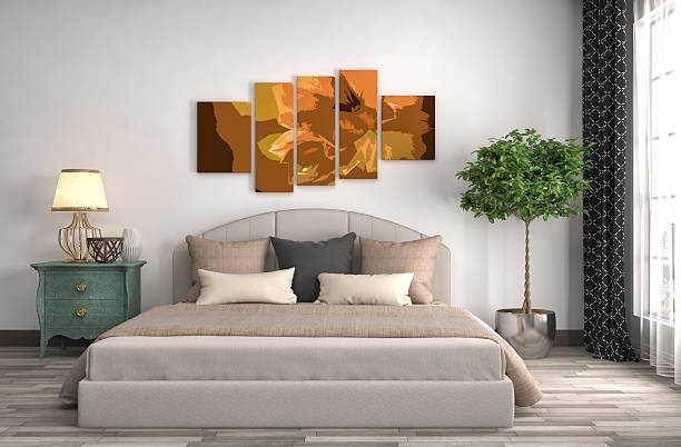 Classic bedroom with flower-themed wall panels and indoor plant