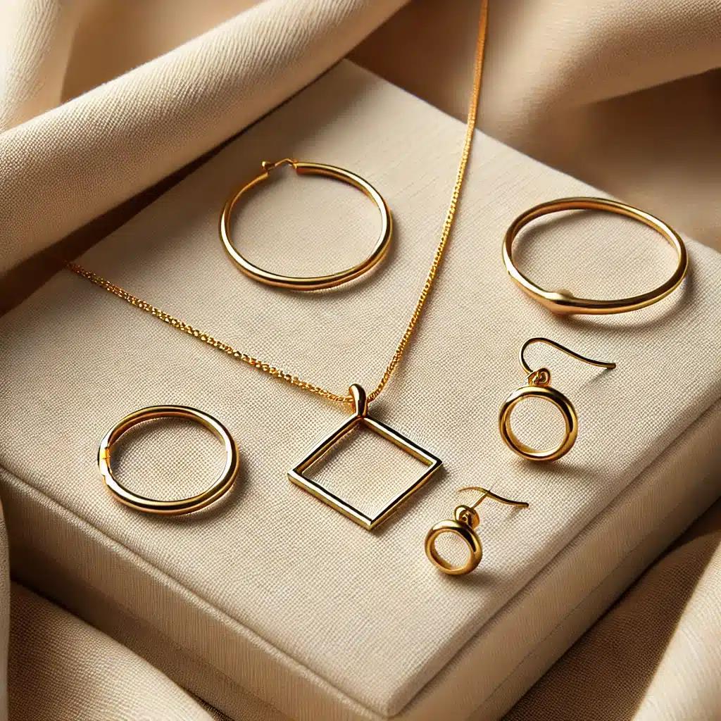 Minimalist gold jewelry set on beige fabric