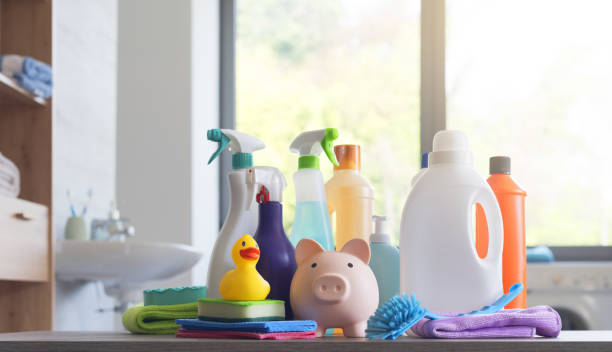 Assorted detergents, cleaning products and piggy bank in the bathroom