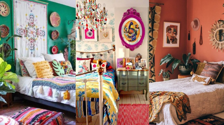 A collage of different types of boho furniture