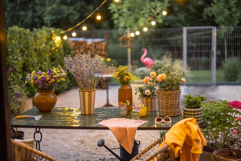 outdoor garden table decorated with flowers and string lights for cozy backyard evening setup