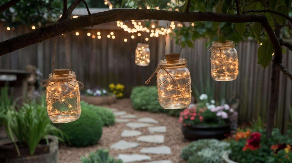 diy mason jar string lights hanging in backyard for warm outdoor lighting decor