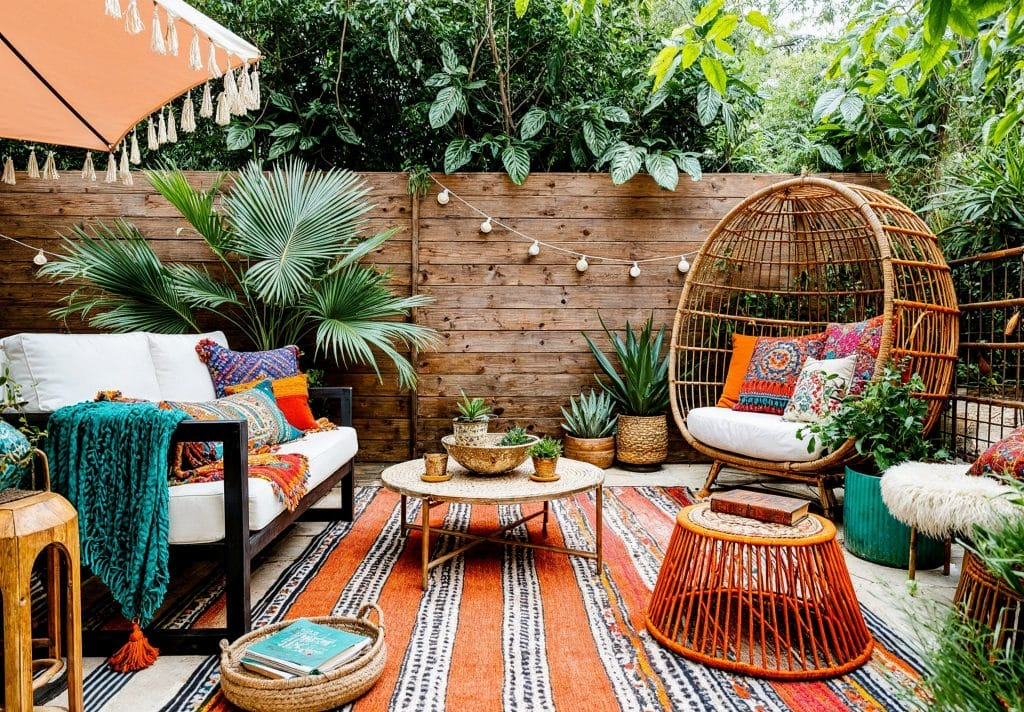 boho style backyard patio with rattan furniture colorful cushions and plants