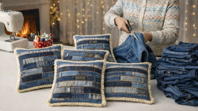 DIY upcycled denim throw pillows made from recycled jeans fabric sewing craft idea