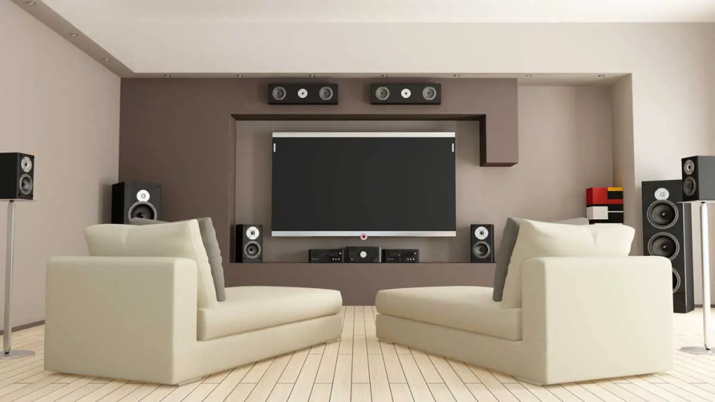 contemporary media room with projector screen surround sound speakers and modern lounge seating
