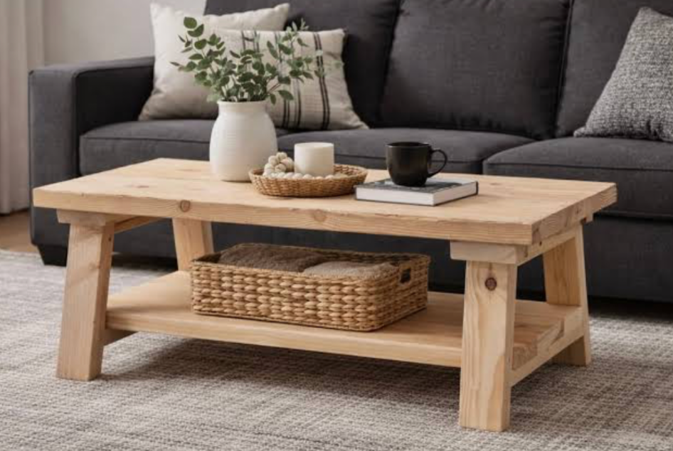 Wooden coffee table with decor