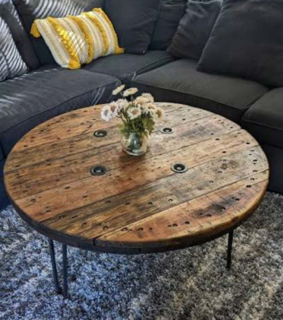 Rustic wooden coffee table with flowers