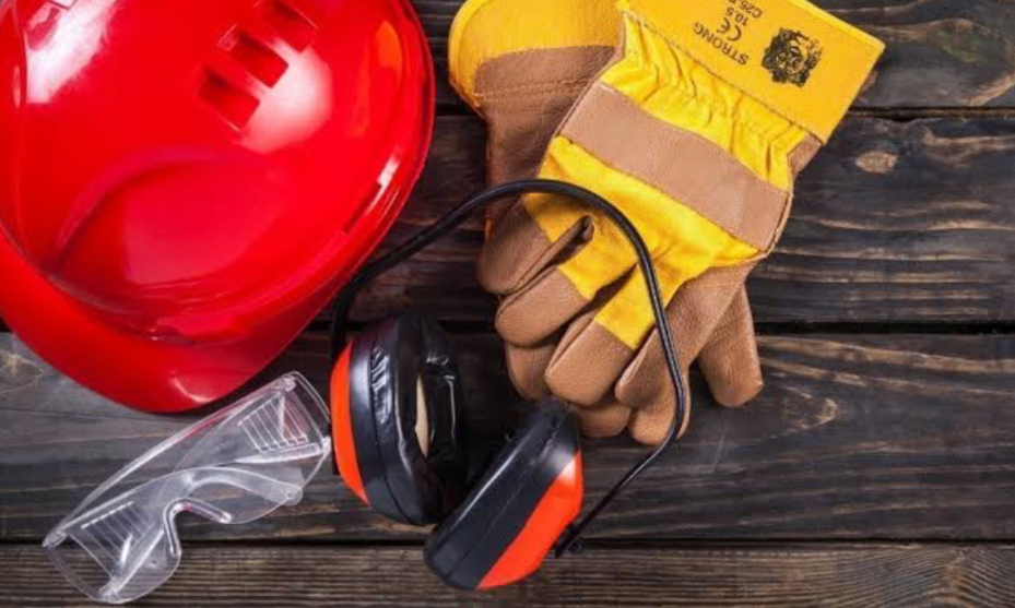 Safety gear on wooden surface