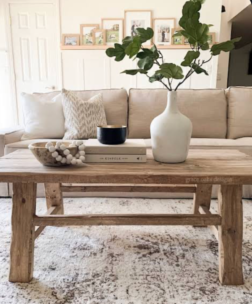 Cozy living room with wooden table.