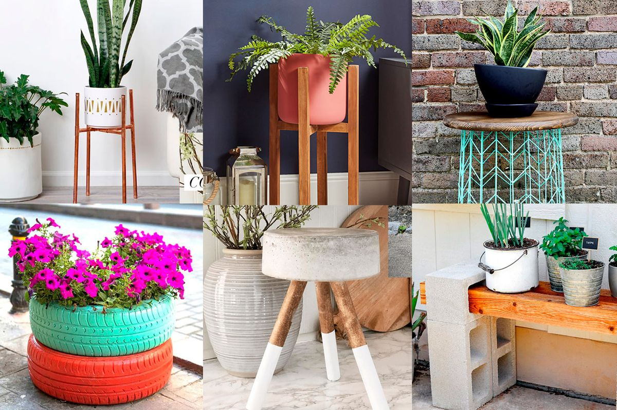 creative DIY planter stand ideas collage with indoor plants decorative pots and repurposed plant holders