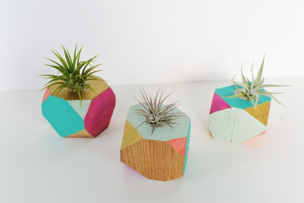 colorful geometric wooden air plant holders with painted patterns for modern DIY home decor