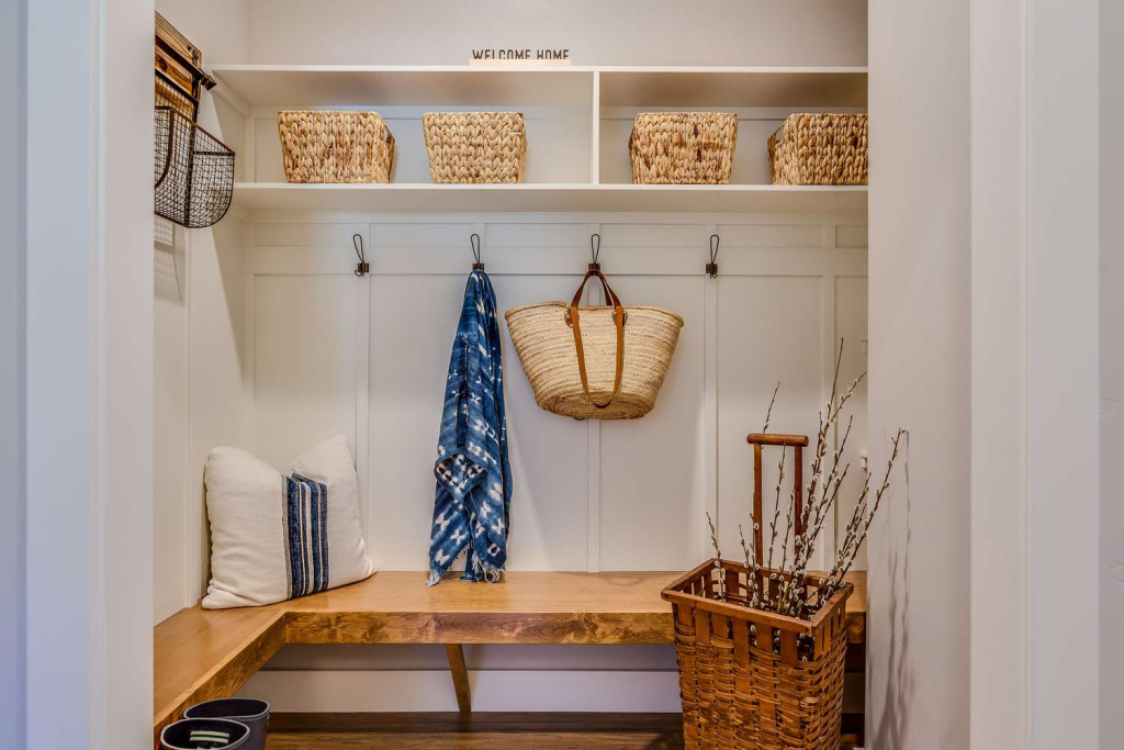organized mudroom with hooks, baskets, and bench for stylish home storage and entryway organization