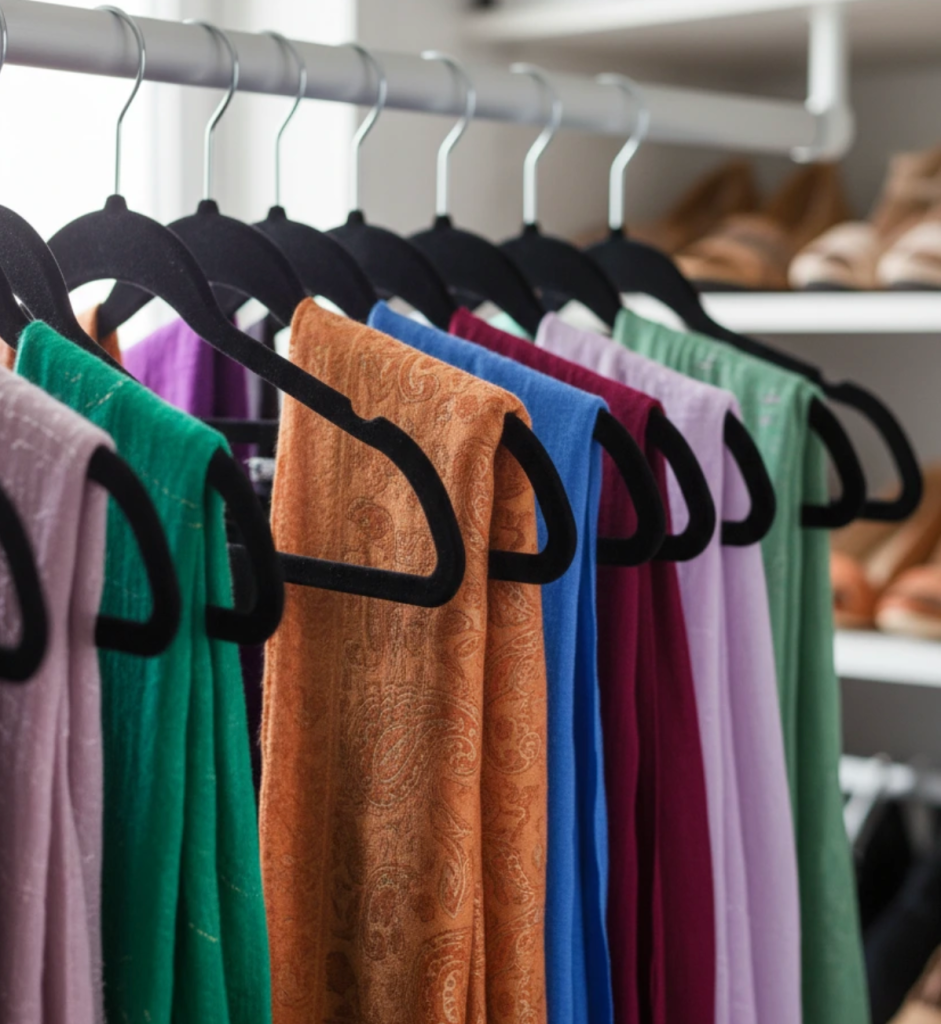 scarves neatly arranged on hangers in closet for efficient wardrobe organization and easy access