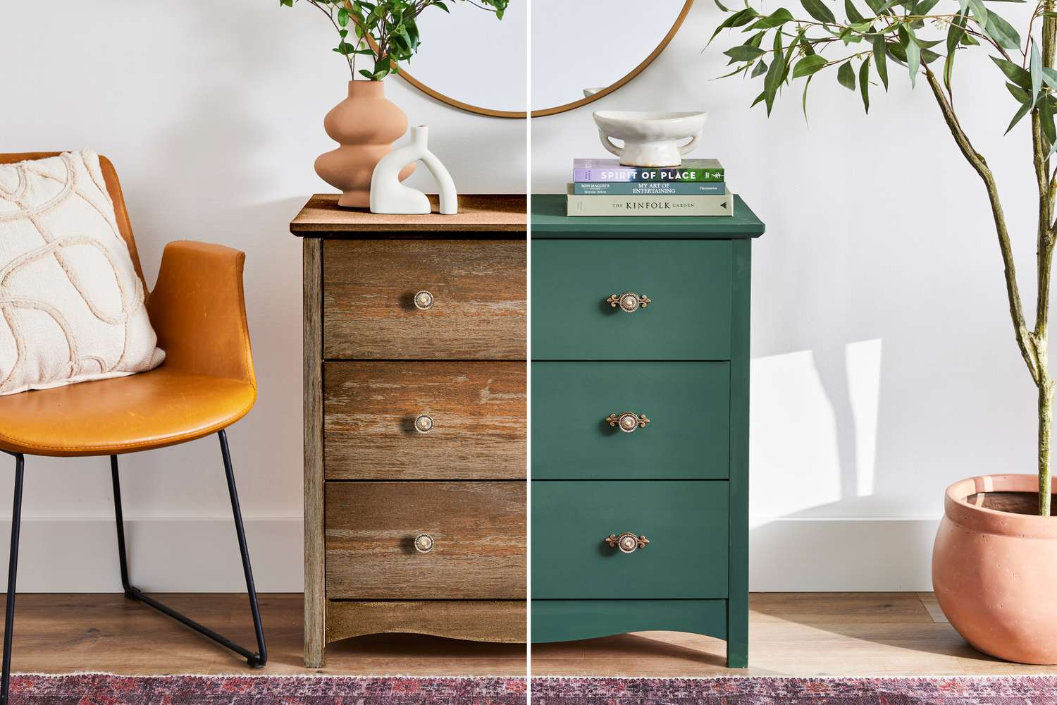 before and after dresser makeover with green furniture paint for vintage furniture restoration ideas