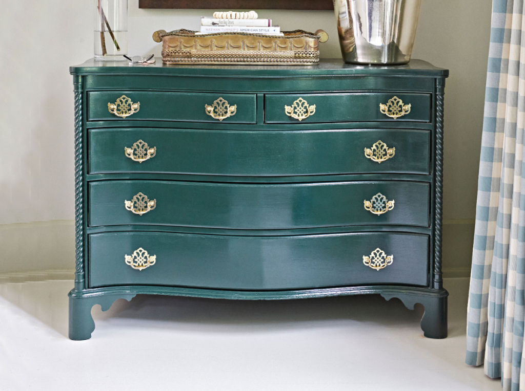 dark green painted vintage dresser with brass hardware for elegant furniture makeover inspiration