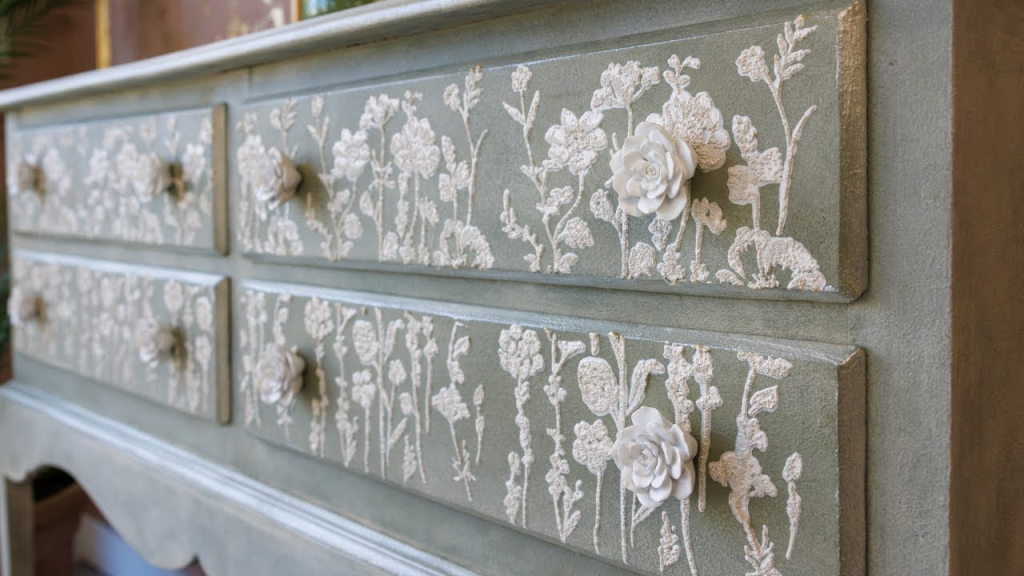 floral stencil painted dresser drawers with decorative knobs for vintage furniture makeover ideas