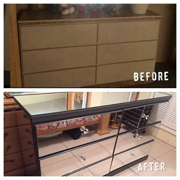 before and after mirrored dresser makeover with modern glam furniture transformation
