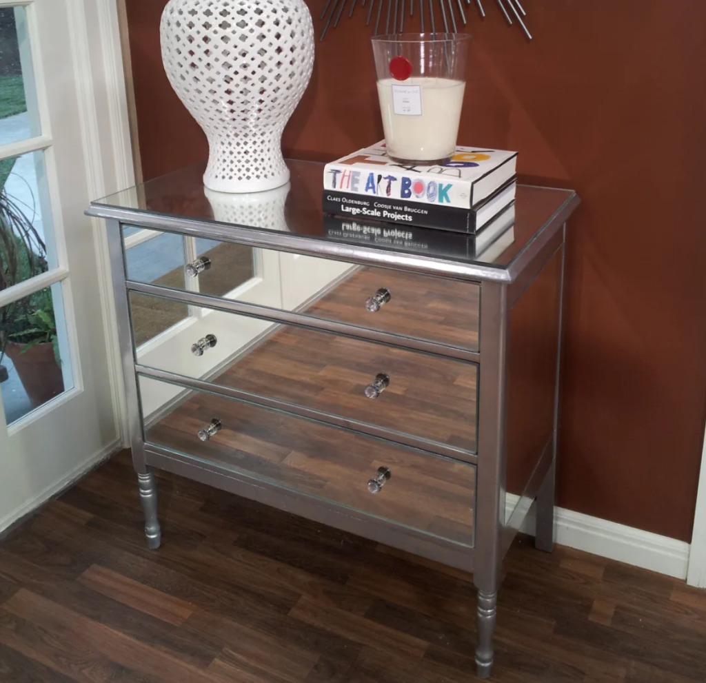 silver mirrored chest of drawers with glass panels for luxury bedroom furniture inspiration