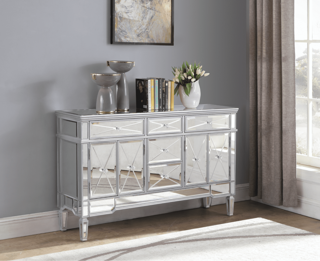 modern mirrored sideboard cabinet with crystal knobs and elegant contemporary home decor