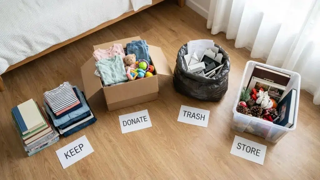 decluttering home items into keep donate trash and store categories for better organization