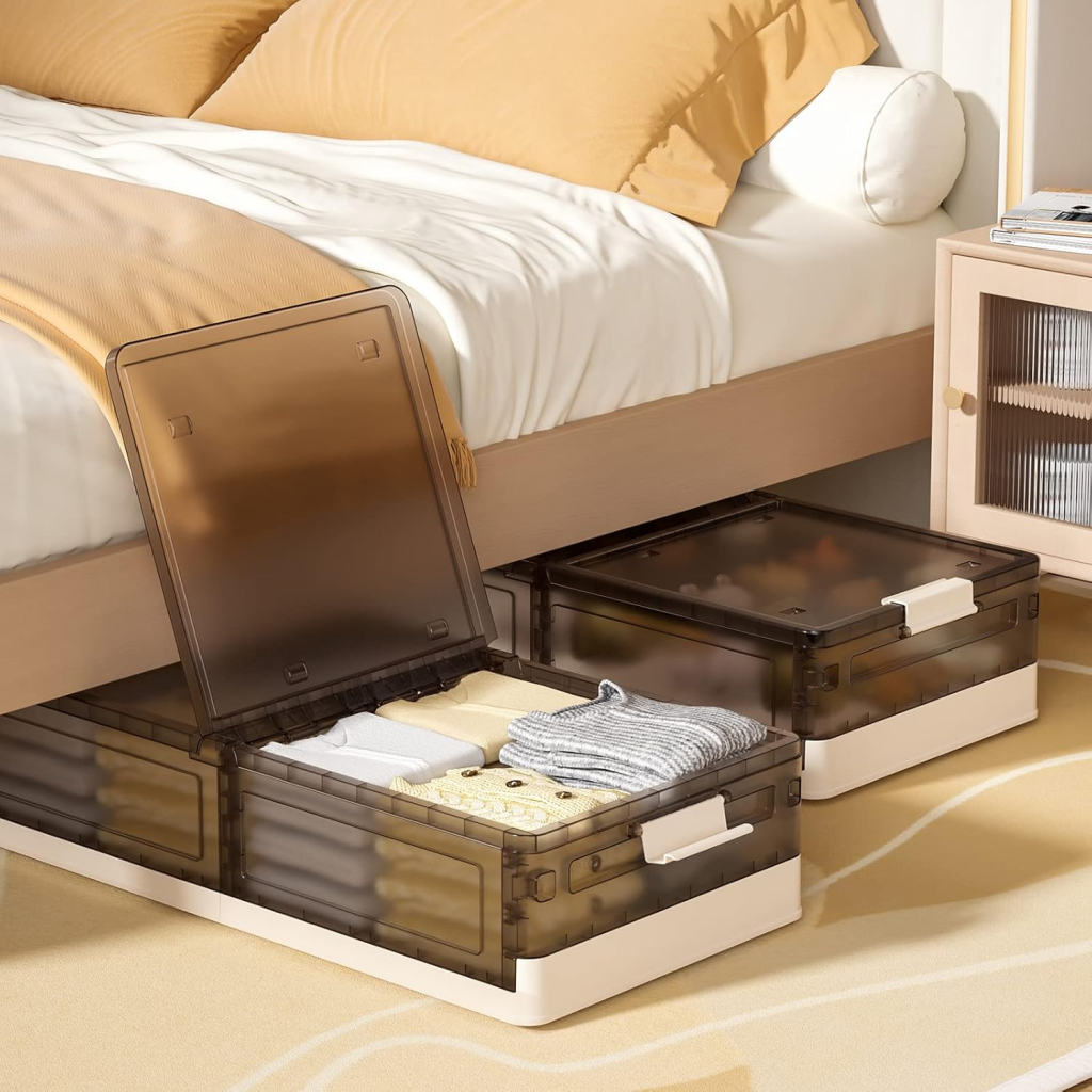 under bed storage containers with folded clothes for small bedroom organization solutions