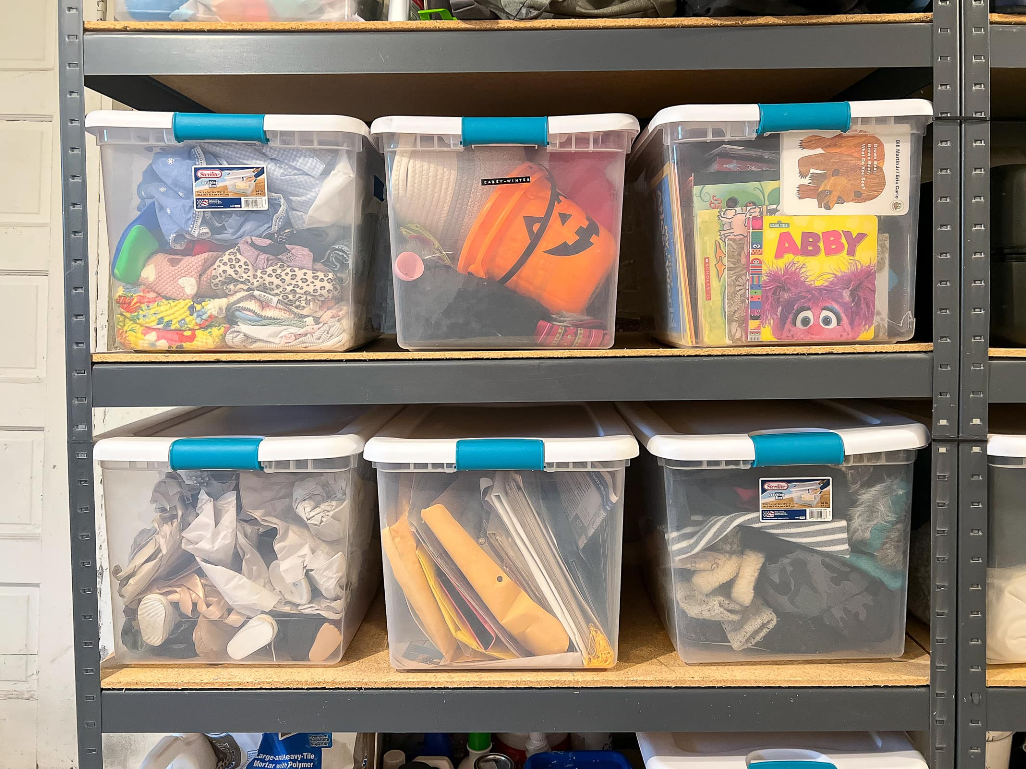 organized plastic storage bins on garage shelving for clutter free home organization