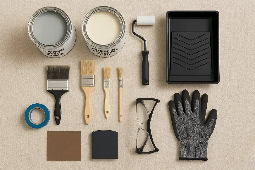 furniture painting supplies including paint brushes rollers tray and sanding tools