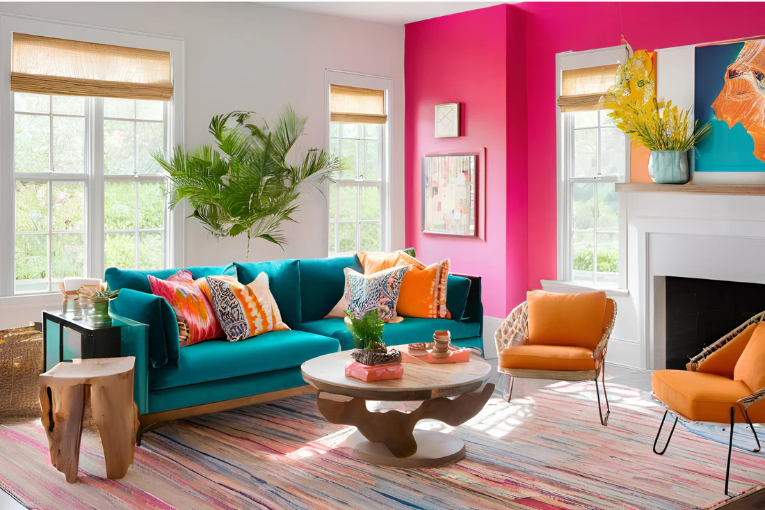 bright colorful living room with teal sofa pink accent wall and orange chairs