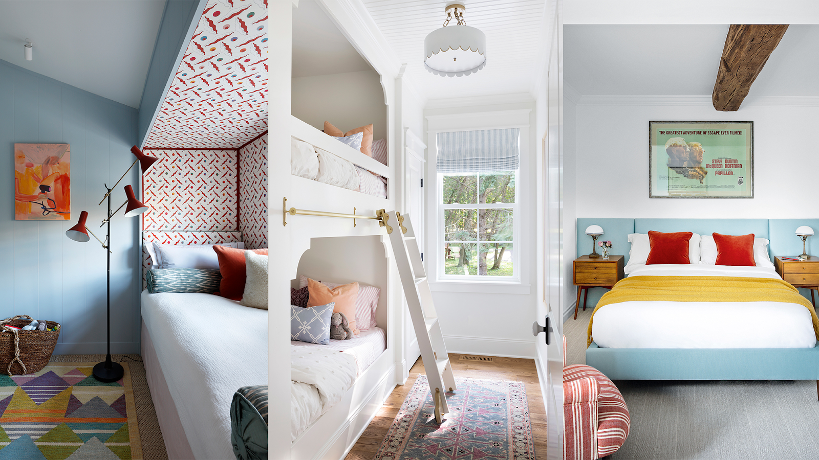 A collage of three space saving decorated bedrooms next to each other.