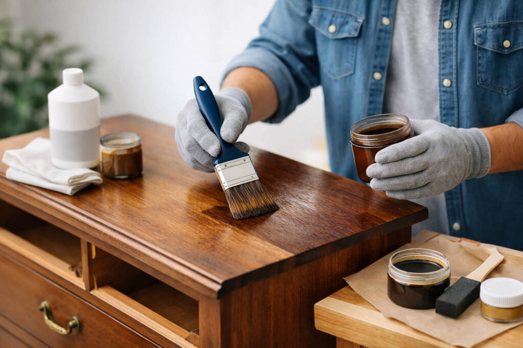 applying wood stain to wooden dresser during furniture refinishing project