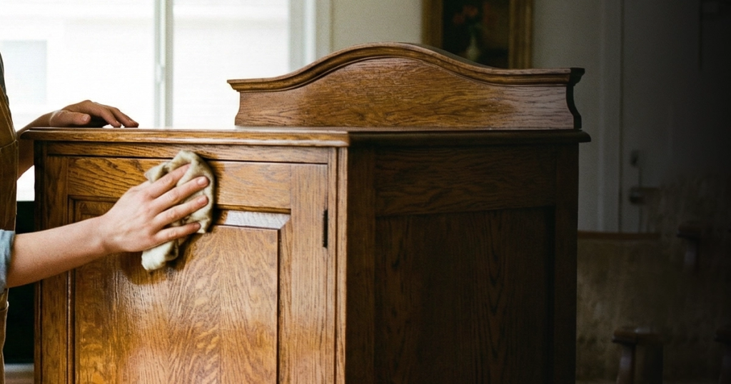 cleaning and polishing antique wooden cabinet with soft cloth