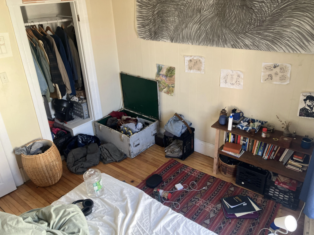 A diagonal top down view of a small space starting to show signs of clutter.